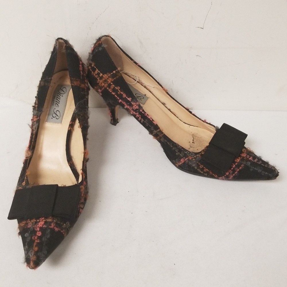 Diane B Black Tweed Bow Pointed Toe Pumps Heels 41